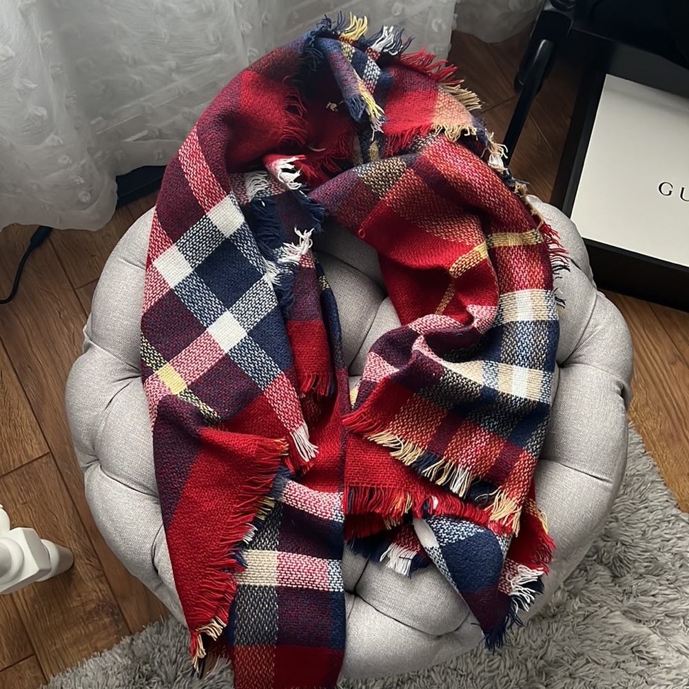 Red and Navy Blue Plaid Blanket Scarf